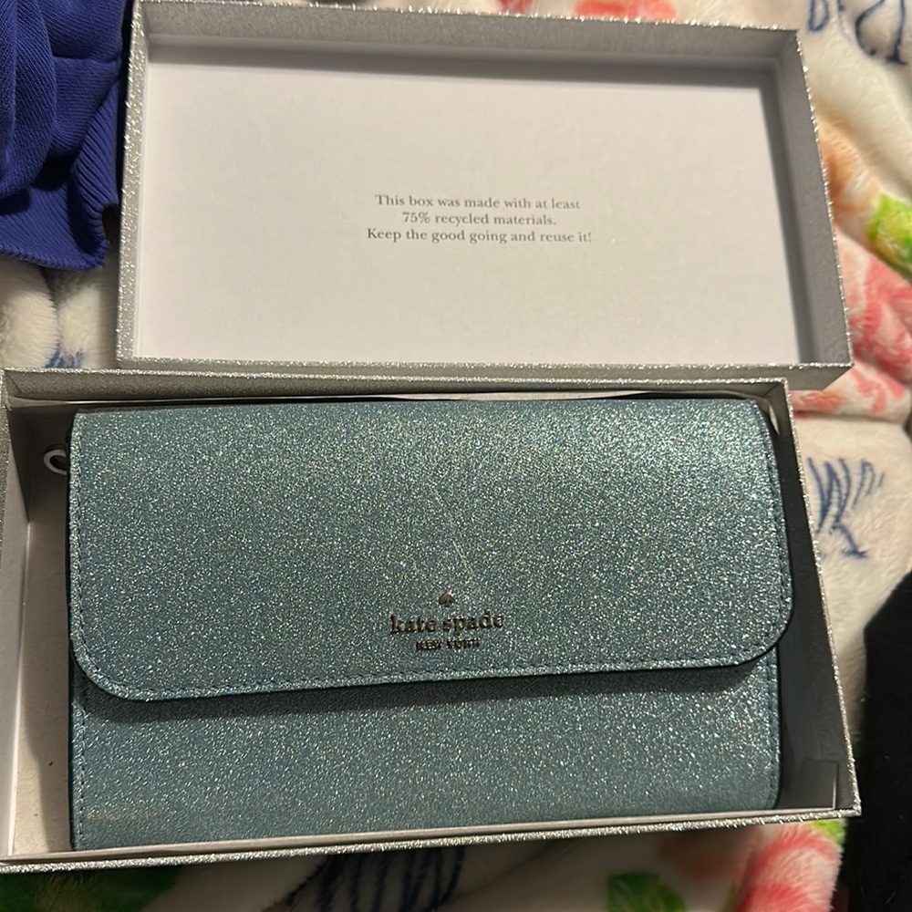 blue glitter coach wallet with box